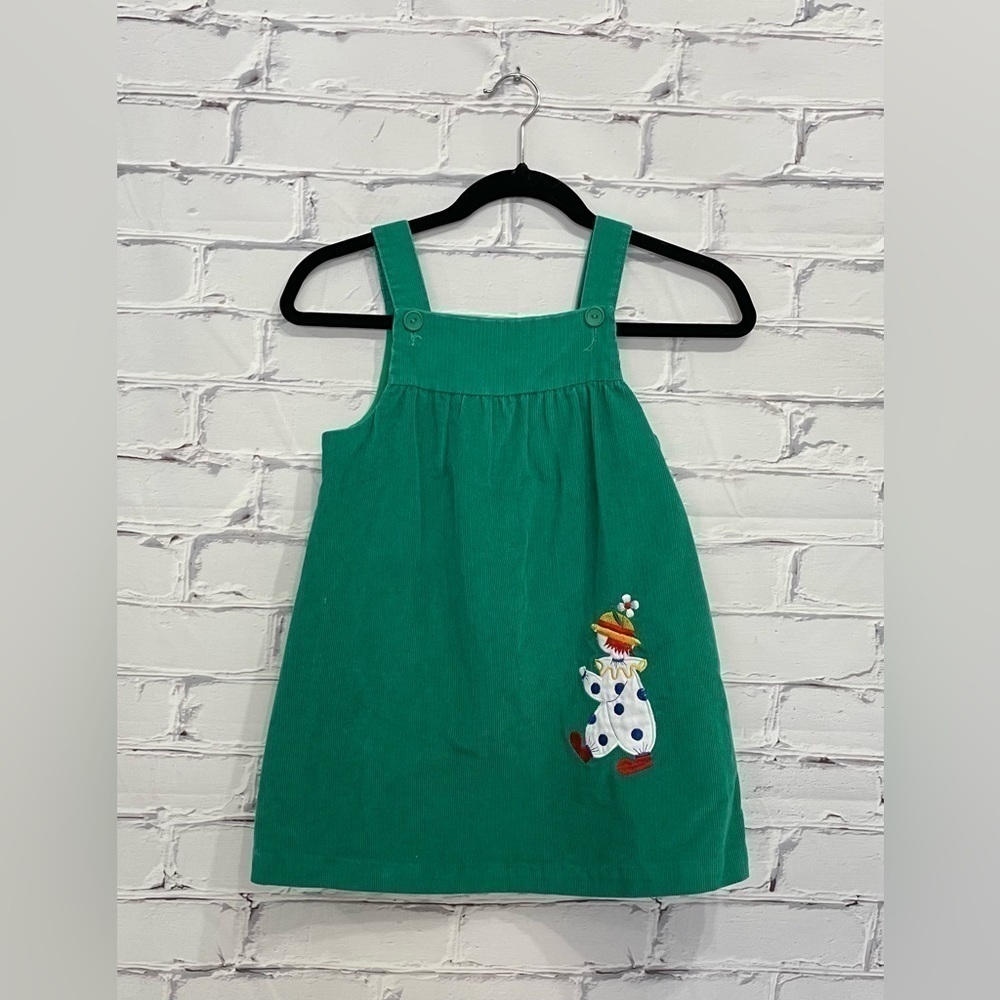 Green Corduroy Jumper Sleeveless Dress with Clown Applique